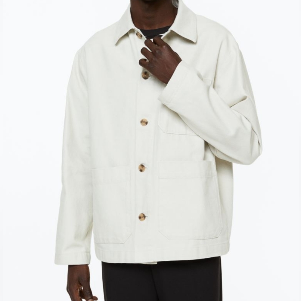 H&m men's Regular-fit Twill Shacket Cotton Twill Taupe/off White Size L BNWT